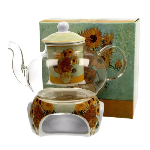 Szklany dzbanek 1000 ml z podgrzewaczem Vincent van Gogh - Słoneczniki (3).webp