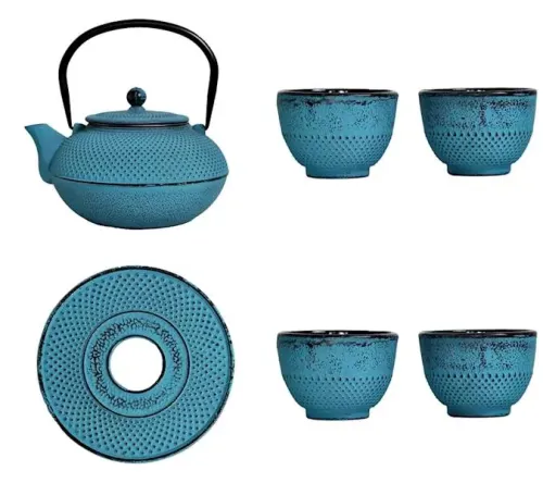 Czajnik Żeliwny ZESTAW dzbanek 1,5L + 4 czarki i podstawka TURKUS